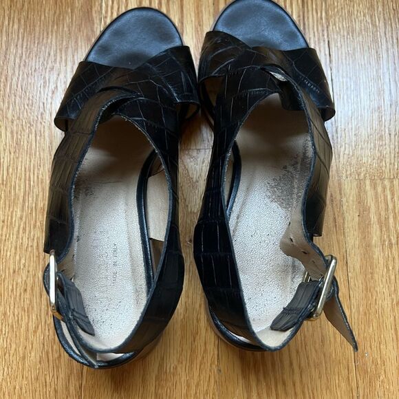Minelli Block Heel Sandals Size 36 Black Crocodile Leather Cross Strap Peep Toe - Picture 5 of 8